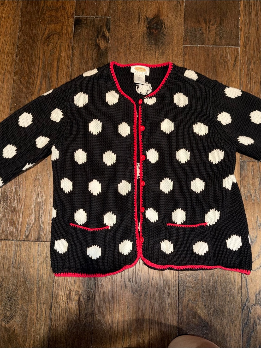 Talbots Black Polka Dot Cardigan with Red Trim petite medium